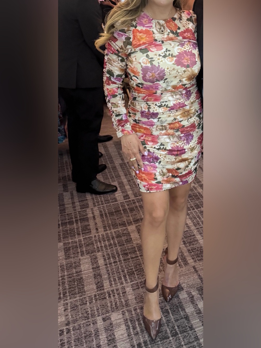 Express Floral Ruched Long-Sleeve Bodycon Dress